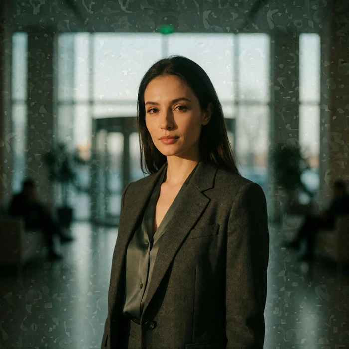 Kazakh woman in a tailored blazer standing confidently in a modern office lobby