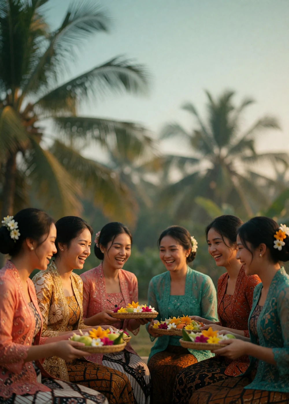 Group of Indonesian women in colourful traditional batik and kebaya garments sharing a joyful moment at an outdoor community celebration