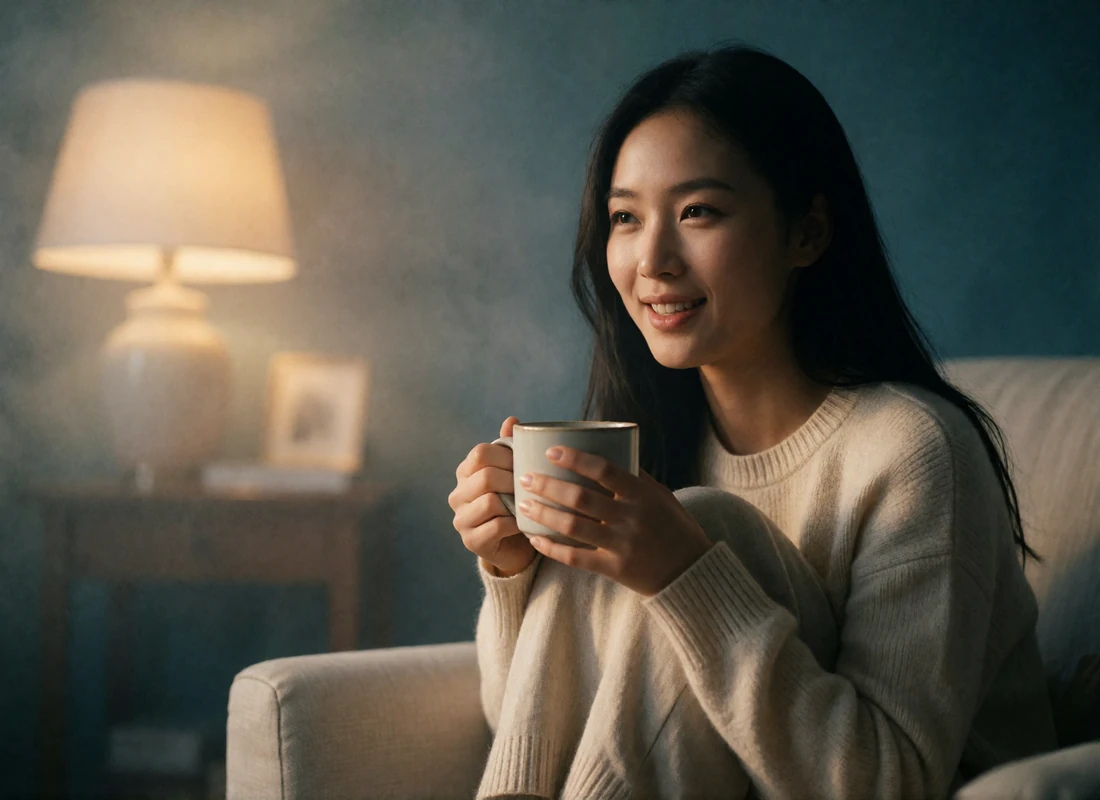 An East Asian woman in a cream sweater sits curled in an armchair holding a small ceramic mug, smiling toward warm evening light