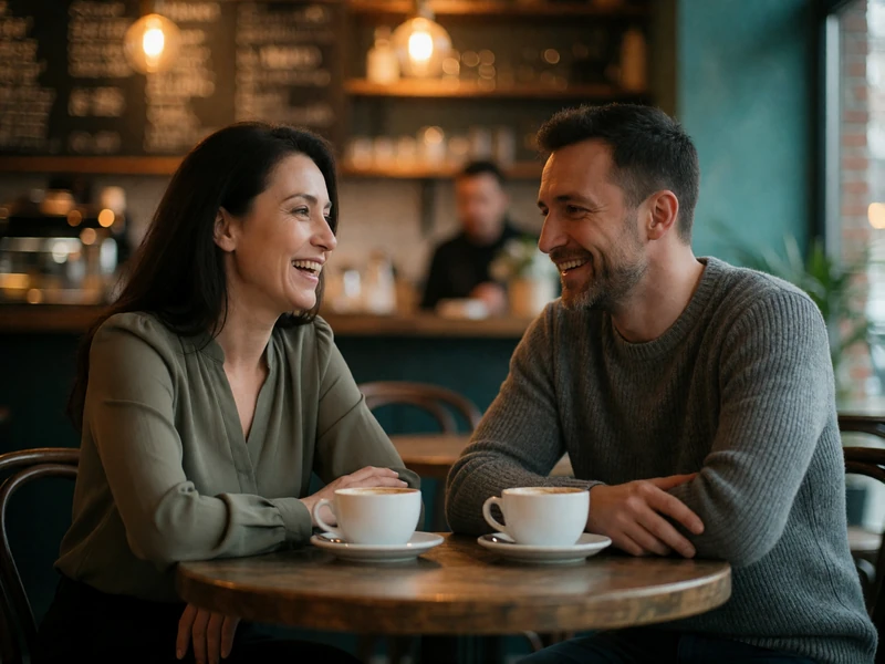 Kyrgyz woman in an olive blouse laughing across a café table with a Western man