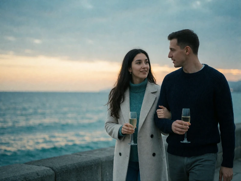 Armenian woman and Western man walking together along a coastal promenade at dusk