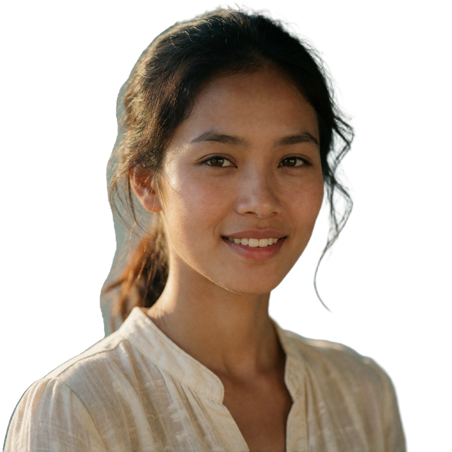 Laotian woman in her mid twenties smiling warmly in soft early morning light