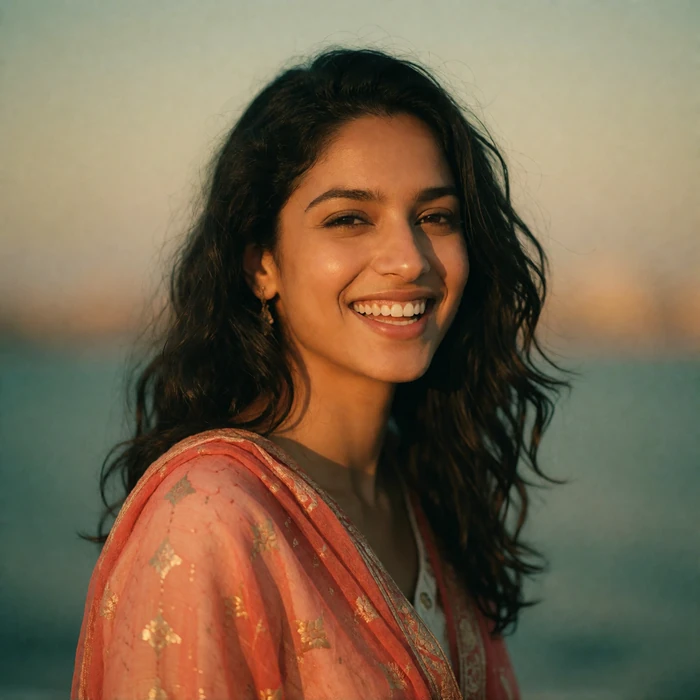 Indian woman in her late twenties with a coral dupatta laughing softly in warm golden-hour light