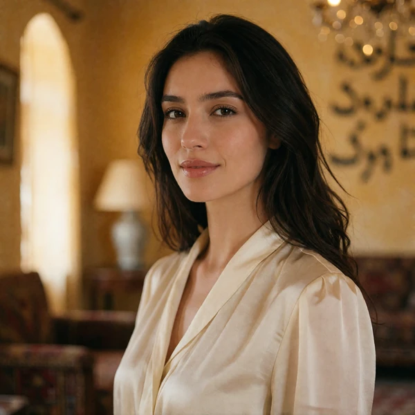 Uzbek woman in an ivory blouse smiling gently in a warm traditional interior