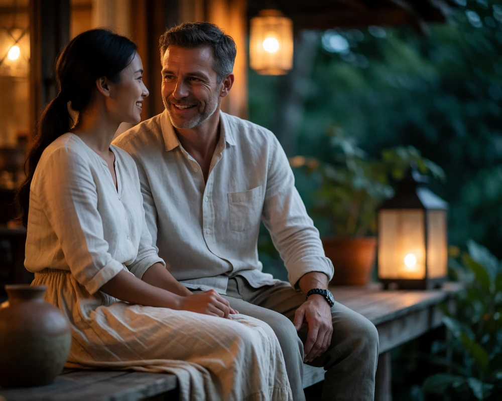 Laotian woman and Western man seated together on a lantern-lit veranda, leaning in mid-conversation
