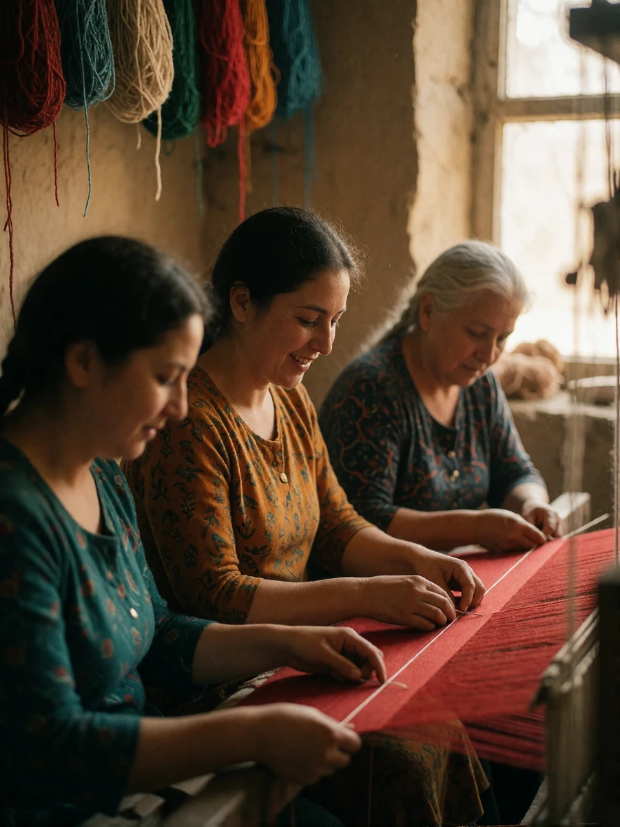 Three generations of Turkmen women working together at a hand loom with deep red and ochre wool