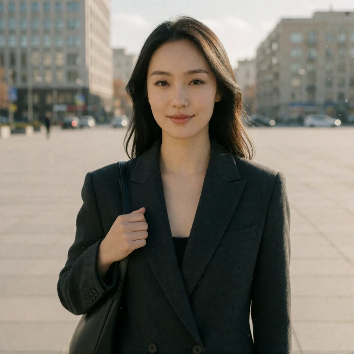 Mongolian woman in a charcoal blazer standing confidently on a modern city plaza