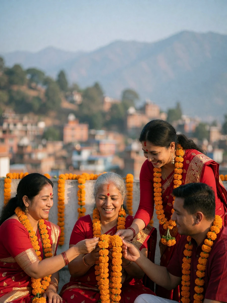 Nepali family placing marigold garlands and tika on one another during a festival gathering on a rooftop terrace