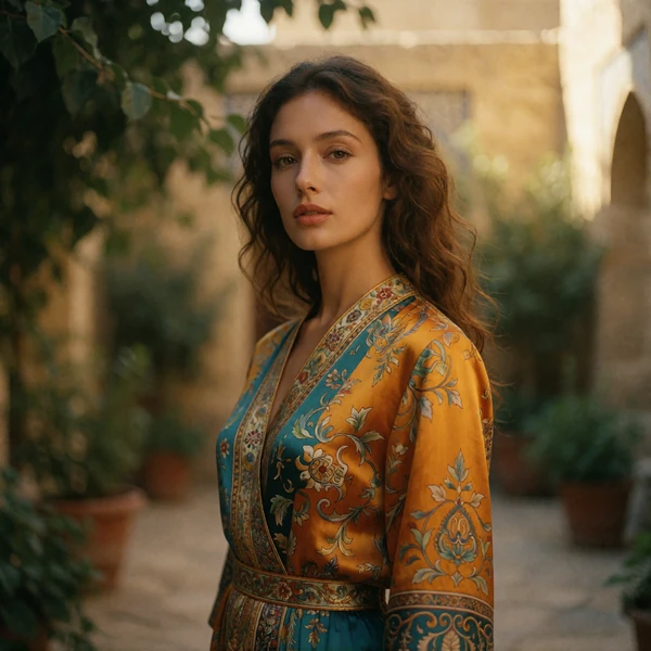 Uzbek woman in a saffron and teal silk dress in a shaded courtyard