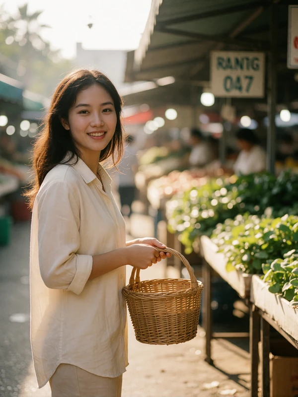 Vietnamese woman carrying a woven basket through an open-air market aisle in morning light