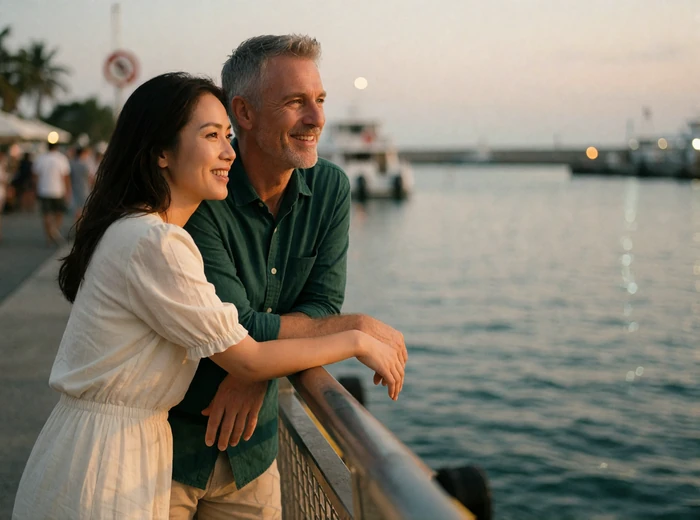 Taiwanese woman and Western man smiling together at a harbour railing during evening light