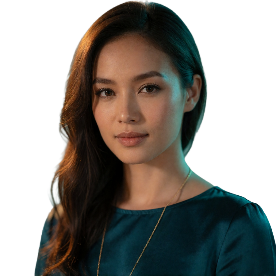 Confident Asian woman in a teal silk blouse smiling warmly, representing a verified member of the EasternSingles Asian dating platform