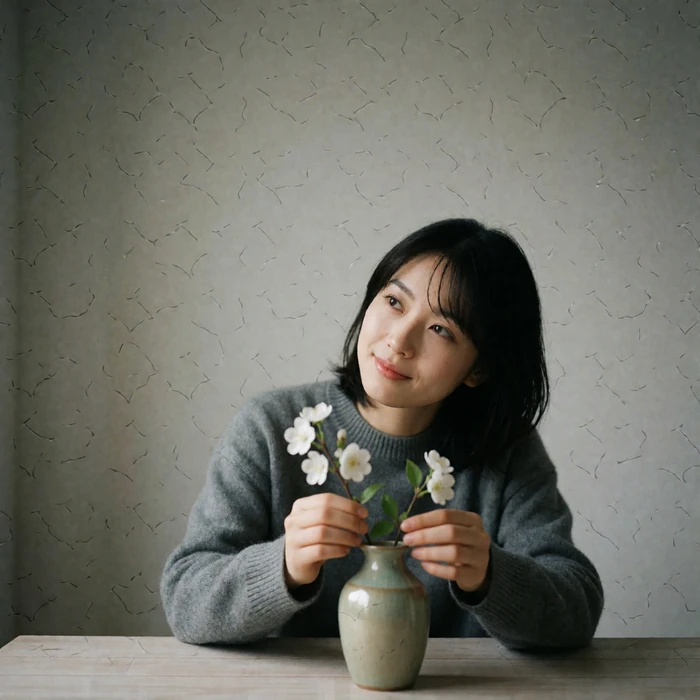 Japanese woman in her late twenties arranging white blossoms in a ceramic vase at a pale wooden table