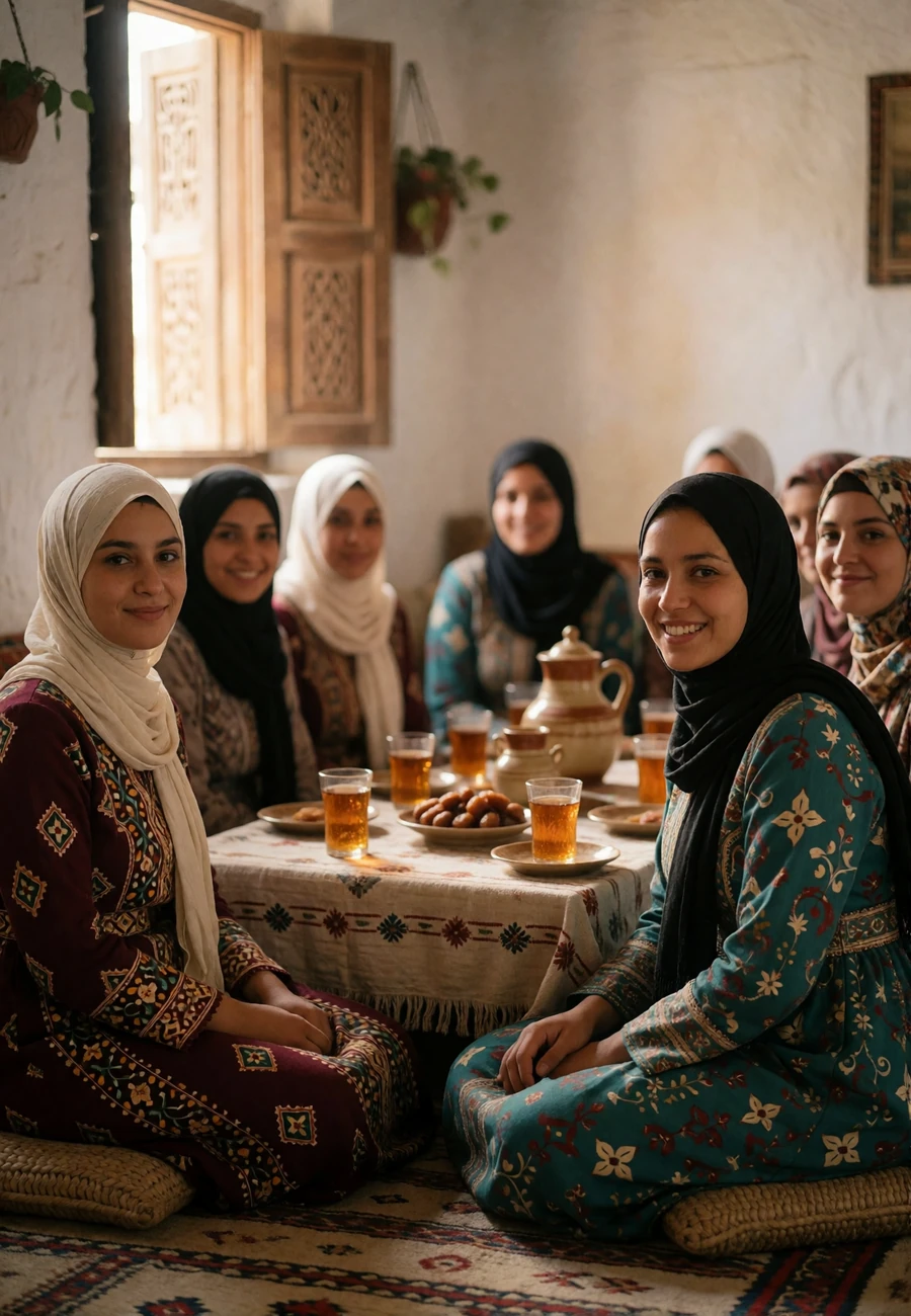 Yemeni women in richly patterned dress sharing tea and dates together in a warm family gathering