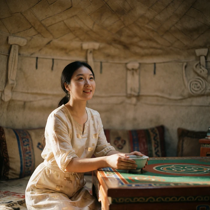 Mongolian woman kneeling inside a bright traditional felt dwelling offering a bowl of tea with both hands