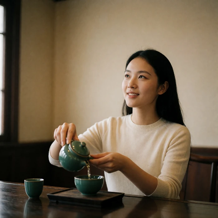 Chinese woman in her late twenties pouring tea at a wooden table in a quiet tea room