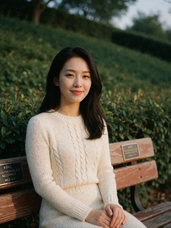 Korean woman in her late twenties in a rose knit top seated on a bench in a hillside park