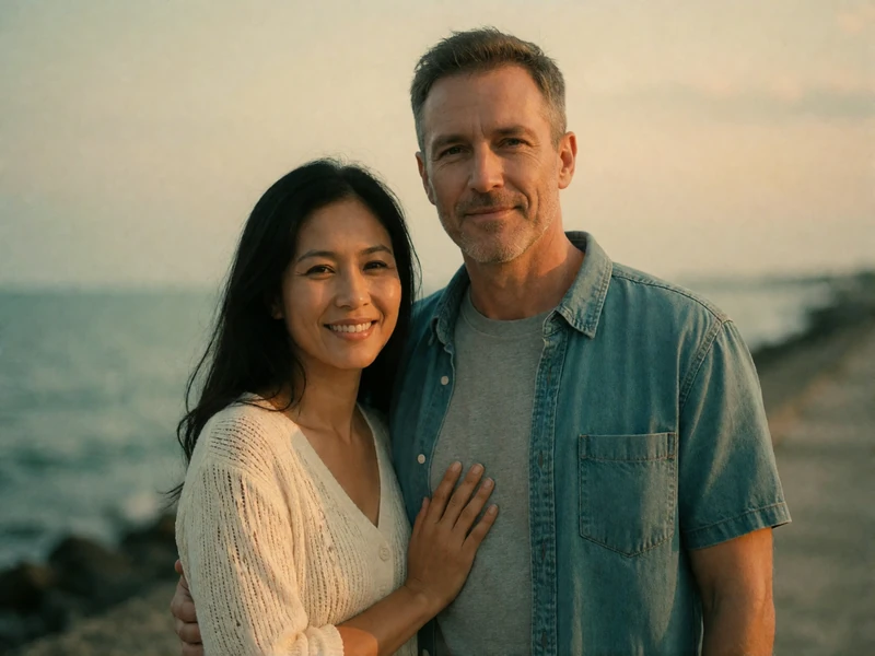 Filipina woman and Western man standing close together on a quiet seaside walkway in late-afternoon light