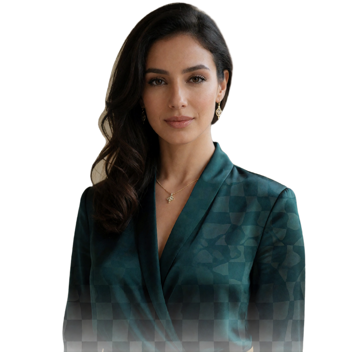 Jordanian woman in a deep jade silk blouse standing composed with a warm closed-lip smile