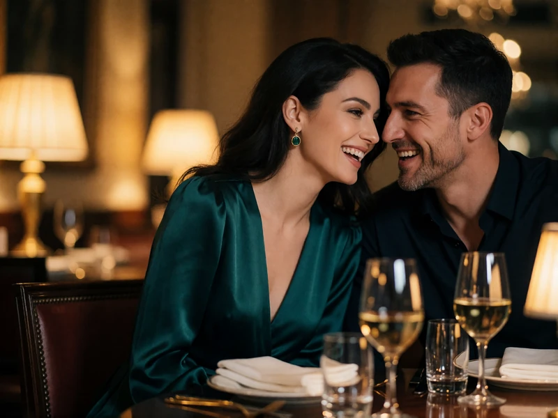 Armenian woman and Western man laughing together at a fine dining table