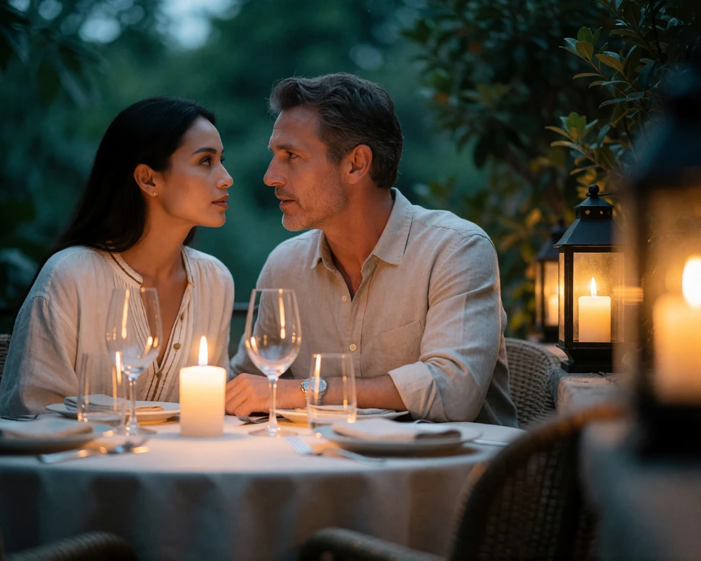Thai woman and Western man leaning toward each other in warm conversation at a candlelit outdoor dining terrace