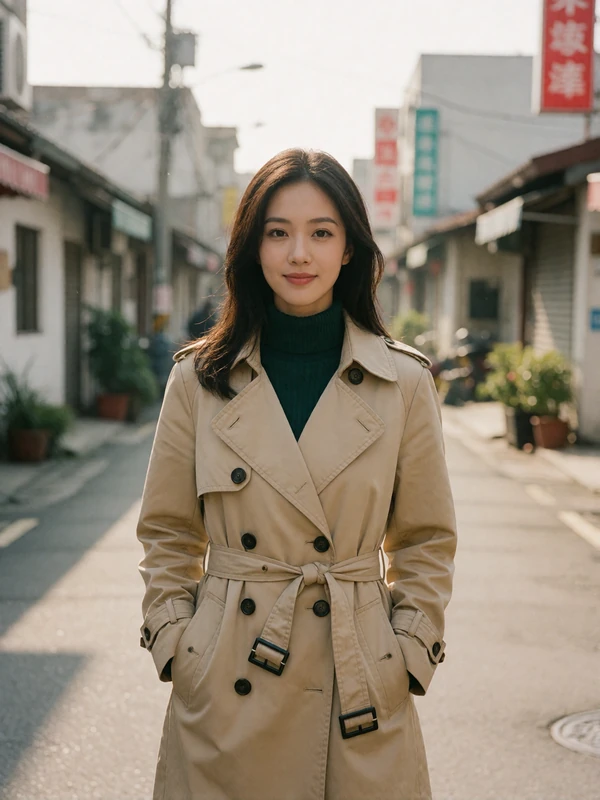 Taiwanese woman in a beige trench coat smiling on a quiet Taipei city lane, an example member profile photo