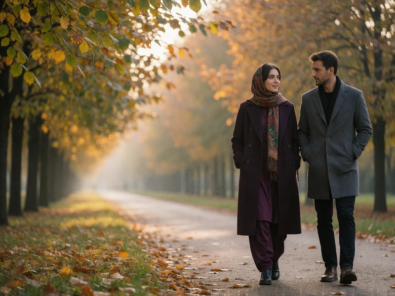 Afghan woman and Western man walking together along a tree-lined park path in late-afternoon light