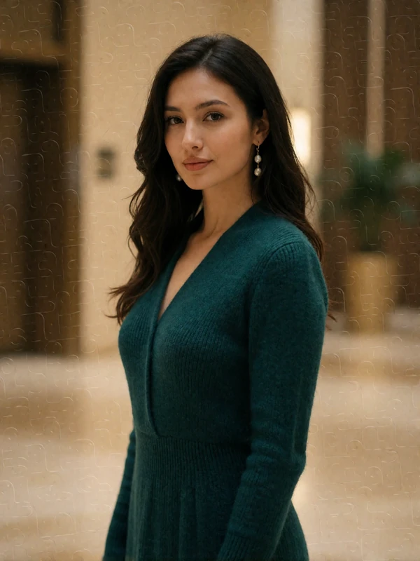 Kazakh woman in a deep emerald knit dress standing in a quiet upscale lobby