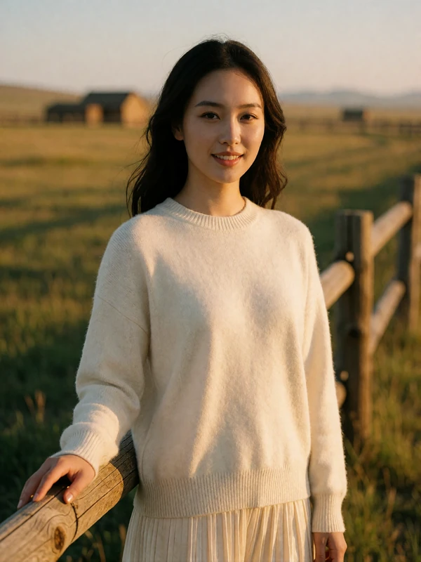 Mongolian woman in a cream sweater standing beside a wooden fence at the edge of open country