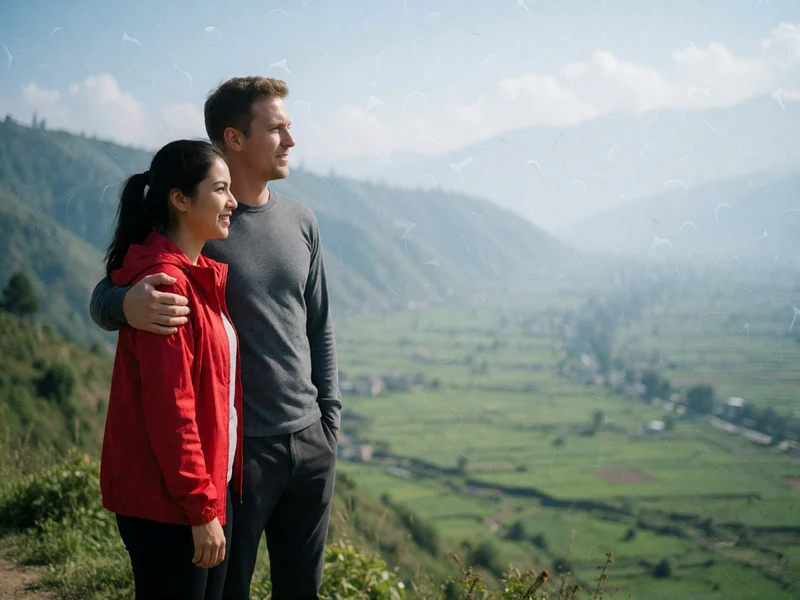 Nepali woman in a red windbreaker and Western man standing together at a hillside viewpoint above a wide green valley