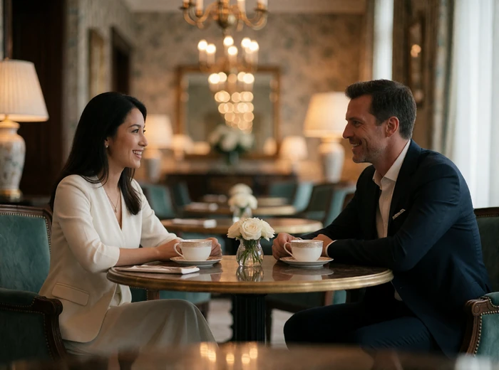 Bruneian woman and Western man seated across a small table in an elegant hotel tea lounge
