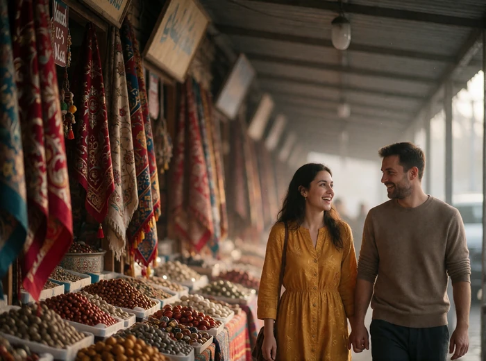 Uzbek woman and Western man walking side by side through a shaded covered market walkway