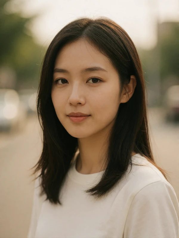 Korean woman in her mid twenties in a plain white shirt, an example EasternSingles member profile photo