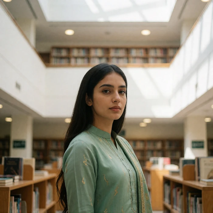 Pakistani woman in her late twenties in a modest tailored kurta standing in a bright modern library atrium