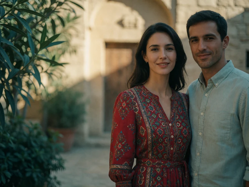 Turkmen woman in a patterned crimson dress and a Western man smiling together in a shaded courtyard