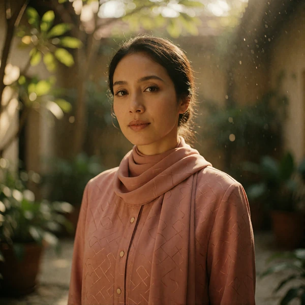 Bruneian woman in a muted rose outfit and scarf standing in a shaded garden courtyard