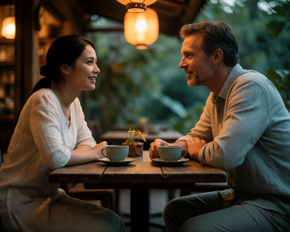 Burmese woman and Western man leaning in mid-conversation at a warmly lit open-sided teahouse