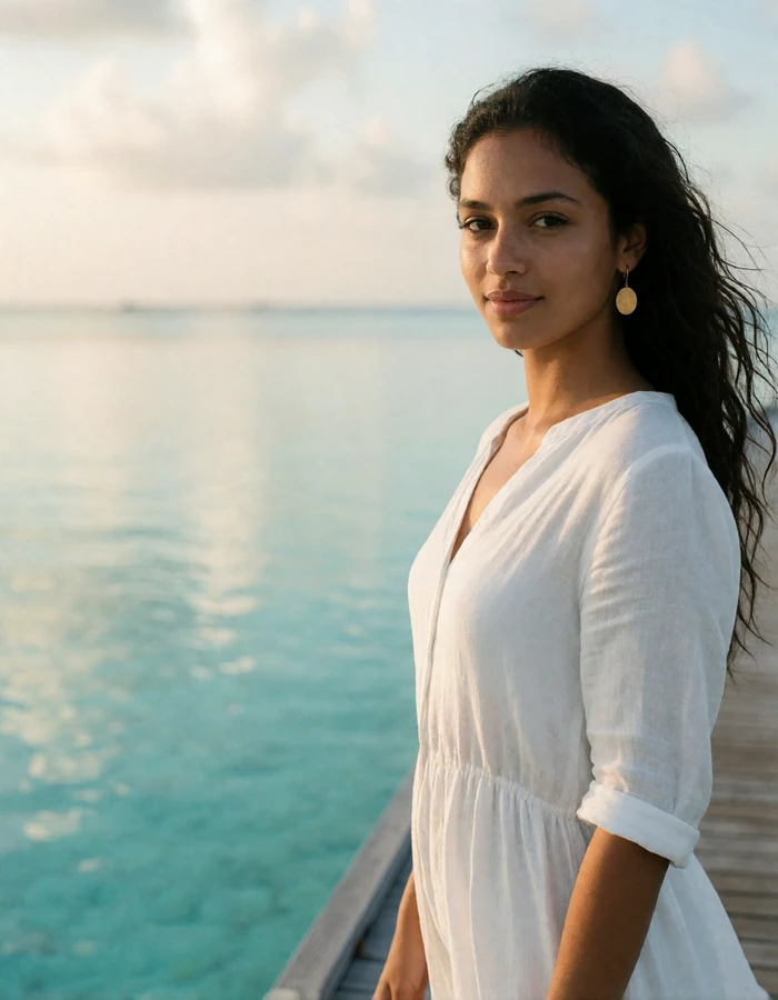 Maldivian woman in her mid twenties standing on a timber jetty above a clear turquoise lagoon