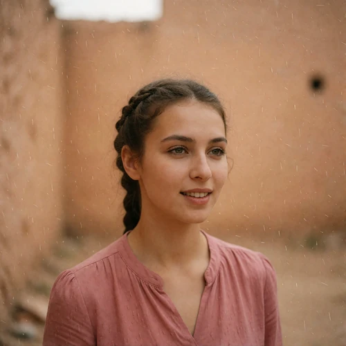 Uzbek woman with hair braided back wearing a soft rose blouse, candid gentle smile