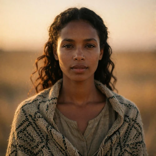 Timorese woman in her early thirties wearing an earthy woven shawl with a serene confident expression