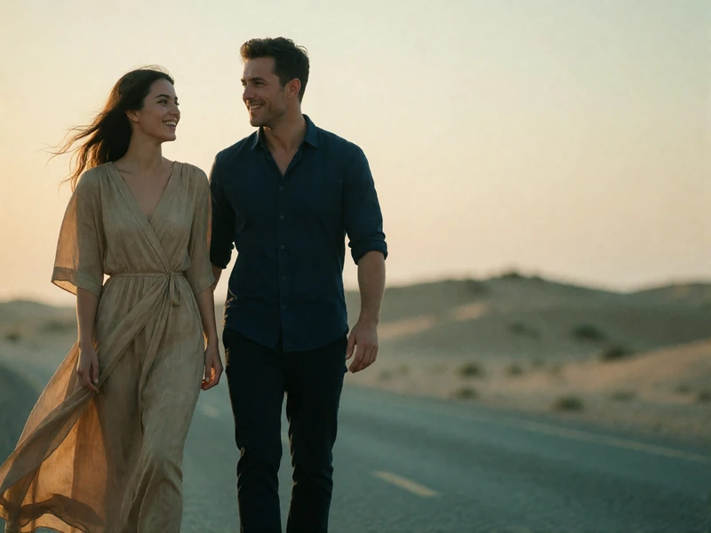 Turkmen woman in a flowing sand-toned dress walking beside a Western man along an open road at dusk