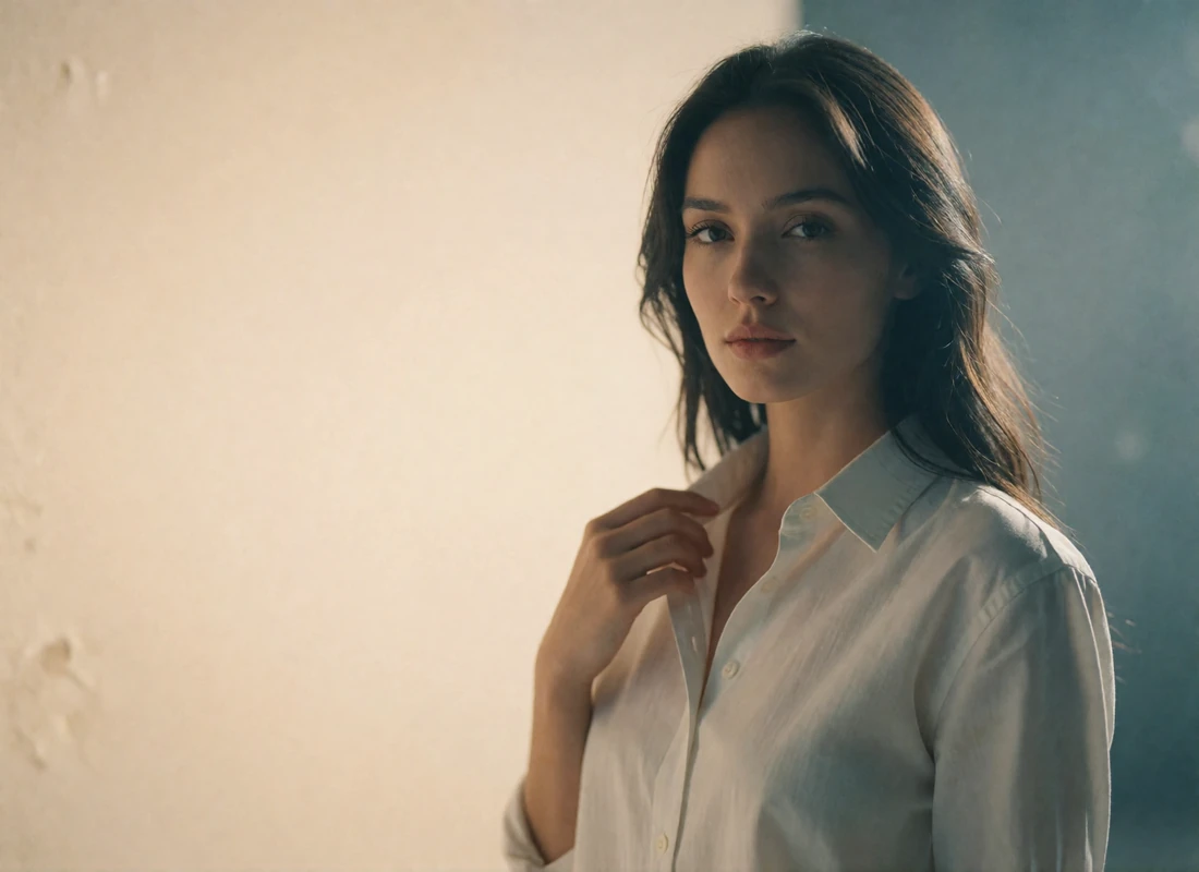 A Central Asian woman in a crisp white shirt standing in a bright minimal studio room, looking directly toward the camera