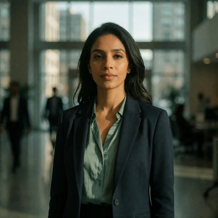 Indian woman around thirty in a tailored navy blazer standing confidently in a modern office lobby