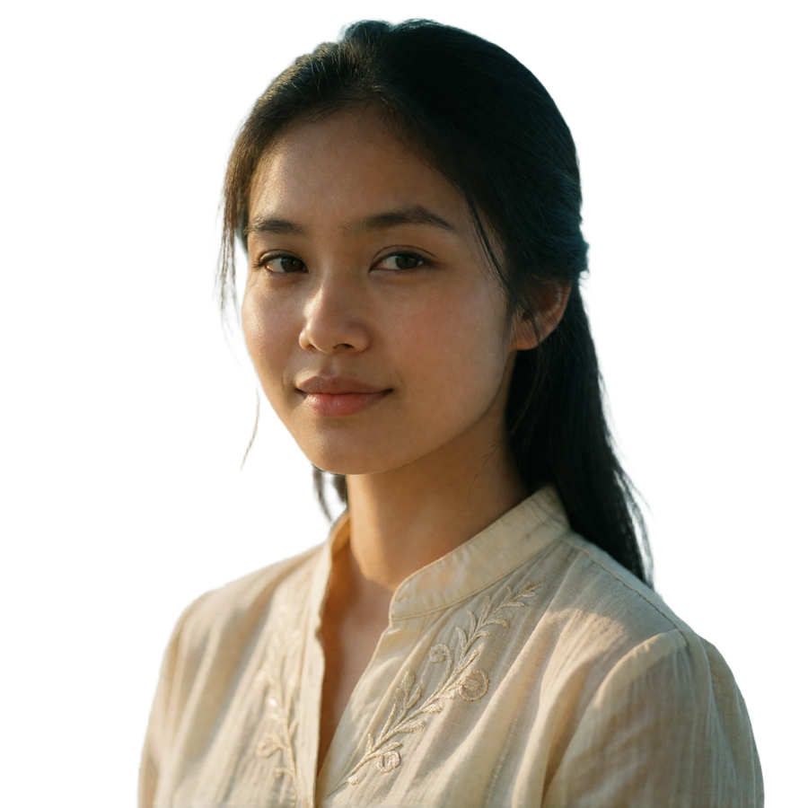 Burmese woman in her mid twenties smiling warmly in soft morning courtyard light