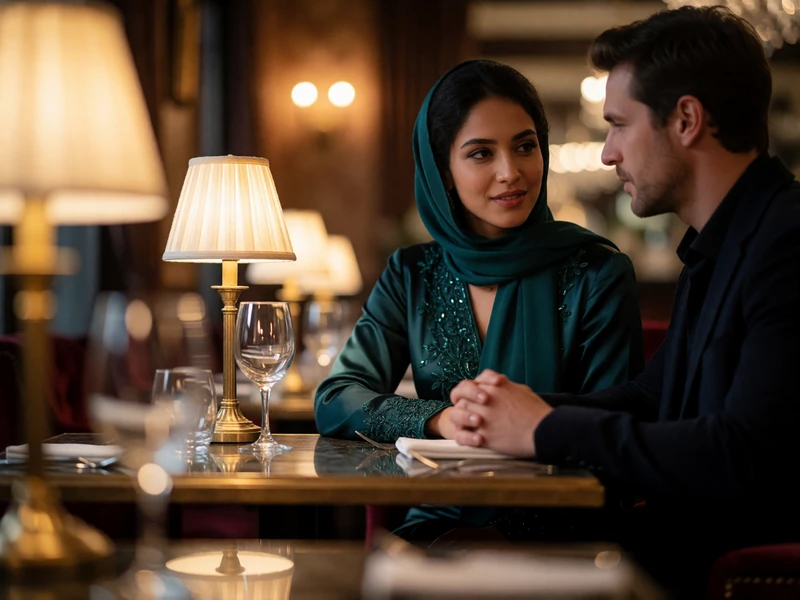 Yemeni woman in an emerald dress listening warmly to a Western man at a quiet restaurant table
