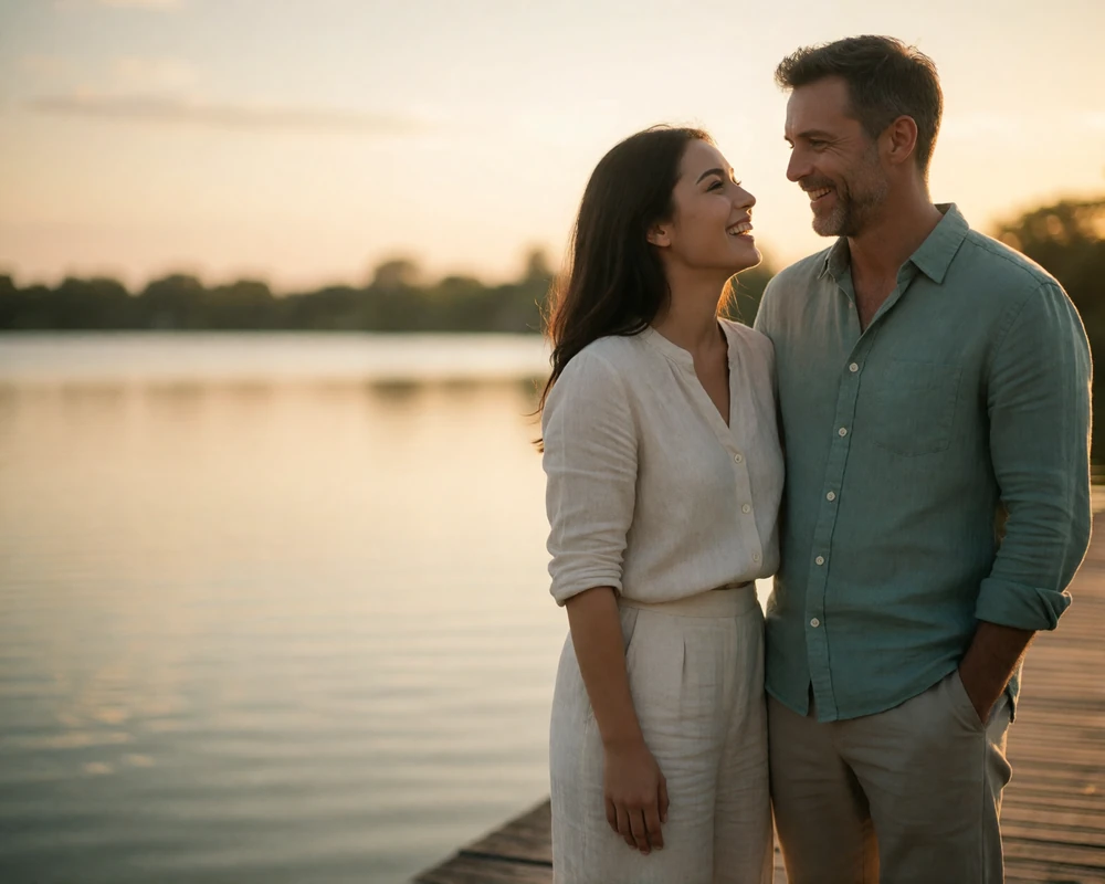Burmese woman and Western man laughing softly together on a wooden lakeside walkway at golden hour