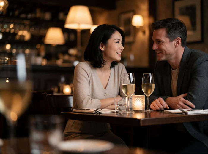 Japanese woman and Western man leaning toward each other at a small wooden restaurant table, smiling