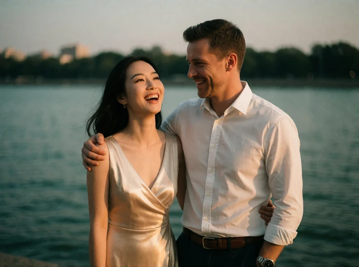 Chinese woman and Western man laughing together on a riverside promenade at golden hour