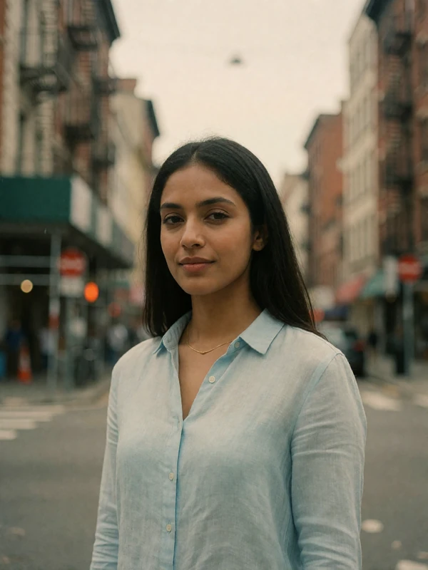 Indian woman in her late twenties in a pale blue linen shirt standing on a quiet city street, an example EasternSingles member profile photo