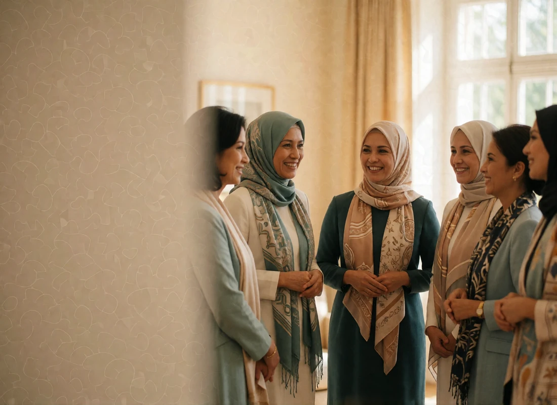A small mixed group of Bruneian women and international guests smiling together in a bright lounge